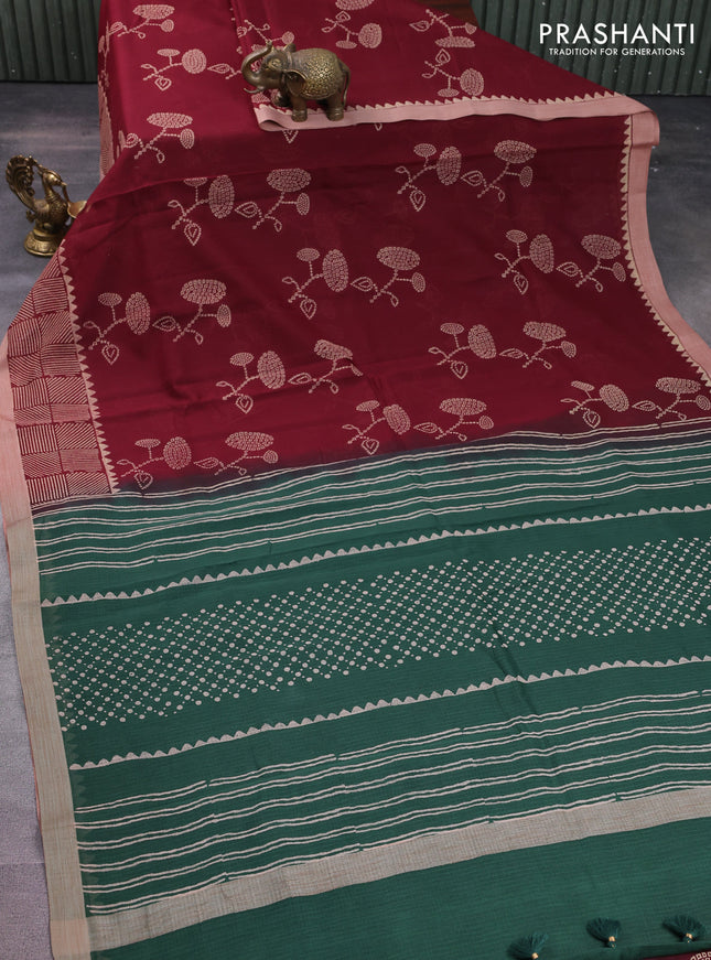 Kota silk cotton saree deep maroon and bottle green with butta block prints and printed border