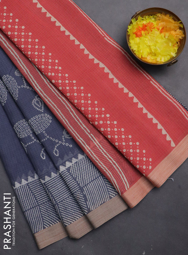 Kota silk cotton saree grey and dark peach with butta block prints and printed border