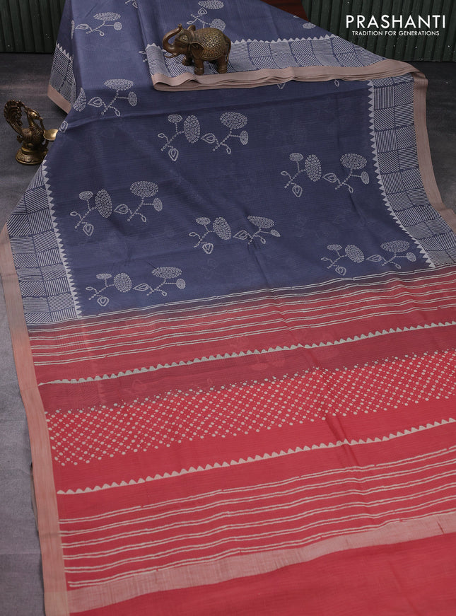 Kota silk cotton saree grey and dark peach with butta block prints and printed border
