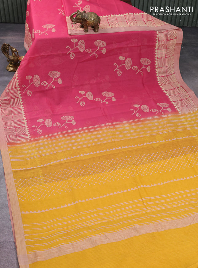 Kota silk cotton saree pink and yellow with butta block prints and printed border