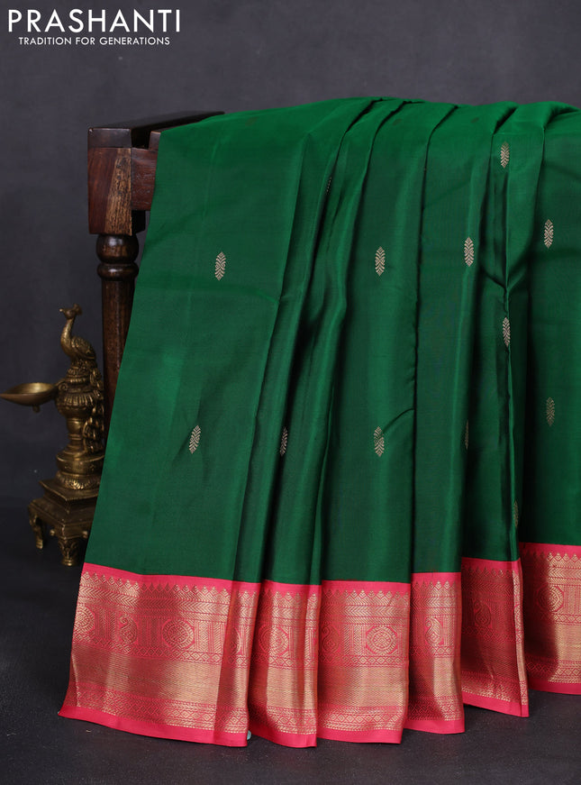 Pure kanchipuram silk saree green and peach pink with zari woven buttas and zari woven korvai border