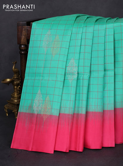 Pure soft silk saree teal green and peach pink with allover checked pattern & zari buttas and simple border