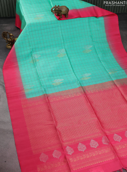 Pure soft silk saree teal green and peach pink with allover checked pattern & zari buttas and simple border