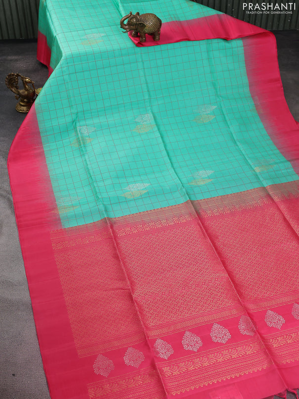 Pure soft silk saree teal green and peach pink with allover checked pattern & zari buttas and simple border