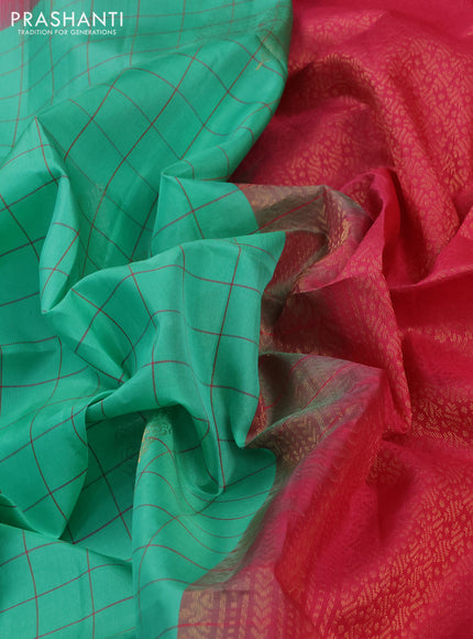 Pure soft silk saree teal green and peach pink with allover checked pattern & zari buttas and simple border