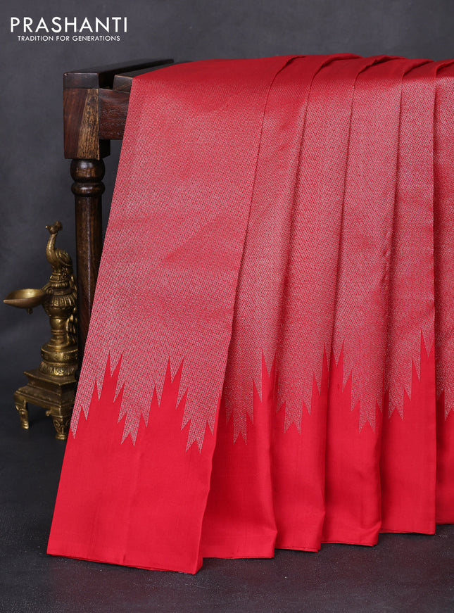 Pure soft silk saree red with allover silver zari woven brocade weaves in borderless style
