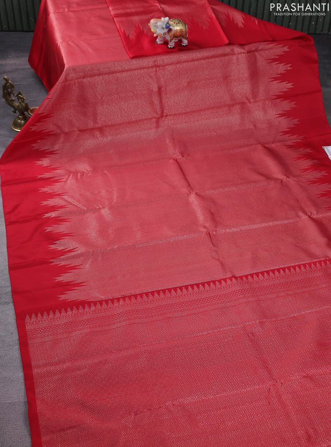 Pure soft silk saree red with allover silver zari woven brocade weaves in borderless style