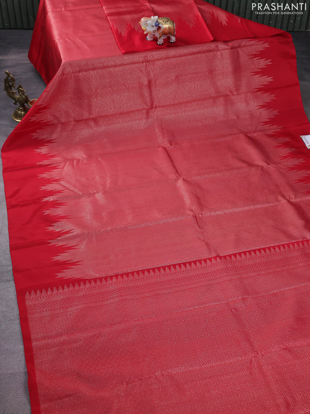 Pure soft silk saree red with allover silver zari woven brocade weaves in borderless style