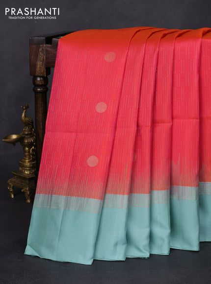 Pure soft silk saree dual shade of pinkish orange and pastel blue with allover zari weaves and zari woven simple border