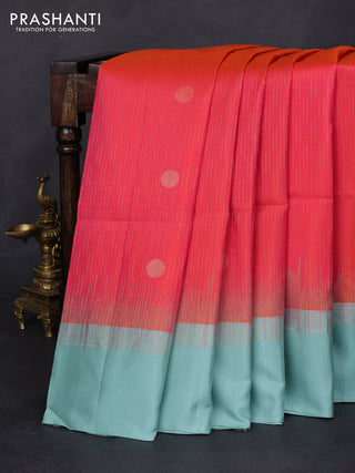 Pure soft silk saree dual shade of pinkish orange and pastel blue with allover zari weaves and zari woven simple border