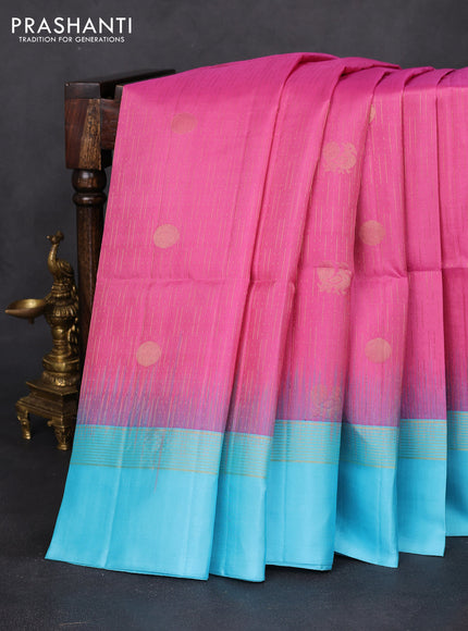 Pure soft silk saree light pink and light blue with allover zari weaves and zari woven simple border