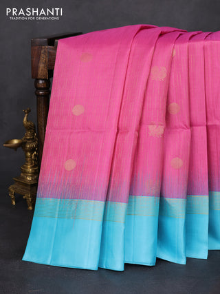 Pure soft silk saree light pink and light blue with allover zari weaves and zari woven simple border