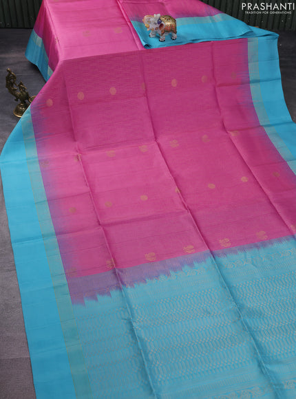 Pure soft silk saree light pink and light blue with allover zari weaves and zari woven simple border