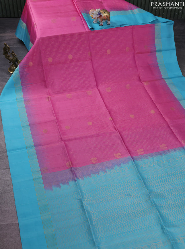 Pure soft silk saree light pink and light blue with allover zari weaves and zari woven simple border