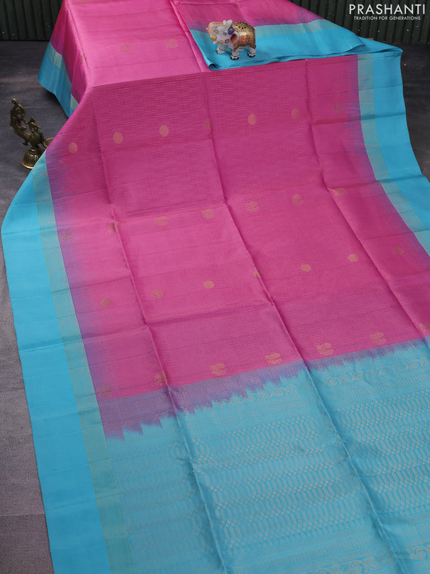 Pure soft silk saree light pink and light blue with allover zari weaves and zari woven simple border