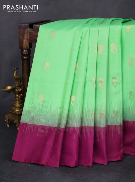 Pure soft silk saree light green and dark magenta pink with zari woven buttas and simple border