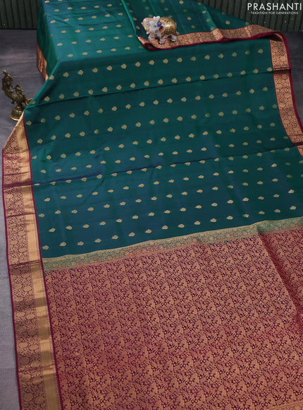 Pure soft silk saree teal green and dark magenta pink with zari woven buttas and zari woven border