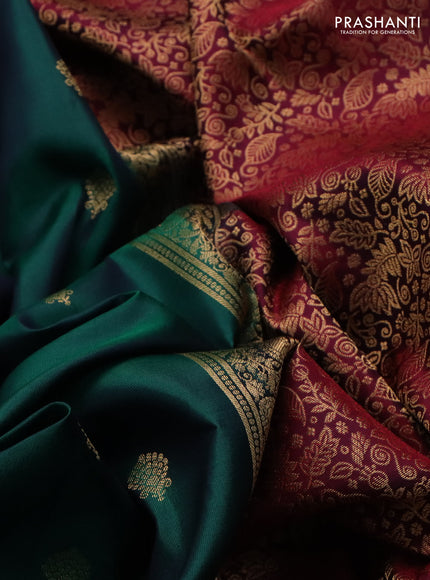Pure soft silk saree teal green and dark magenta pink with zari woven buttas and zari woven border