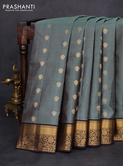 Pure soft silk saree greyish green and coffee brown with zari woven buttas and zari woven border