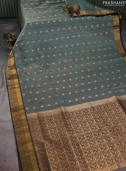 Pure soft silk saree greyish green and coffee brown with zari woven buttas and zari woven border