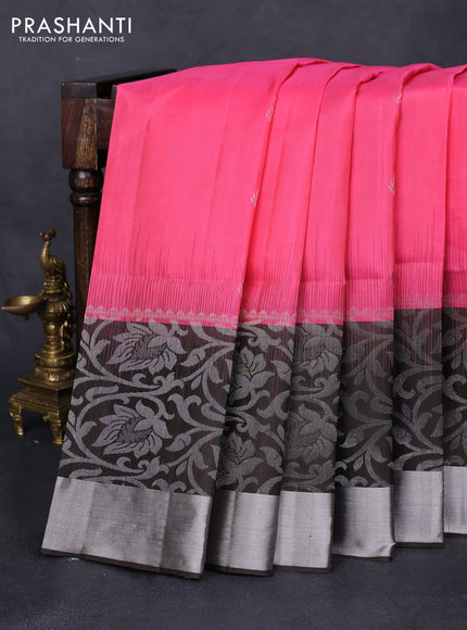 Pure soft silk saree candy pink and brown with silver zari woven buttas and rich silver zari woven border