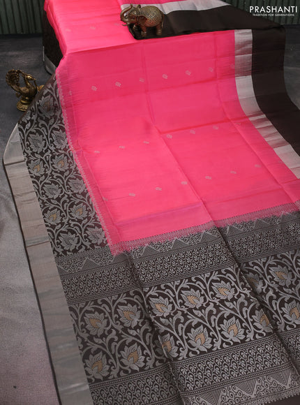 Pure soft silk saree candy pink and brown with silver zari woven buttas and rich silver zari woven border