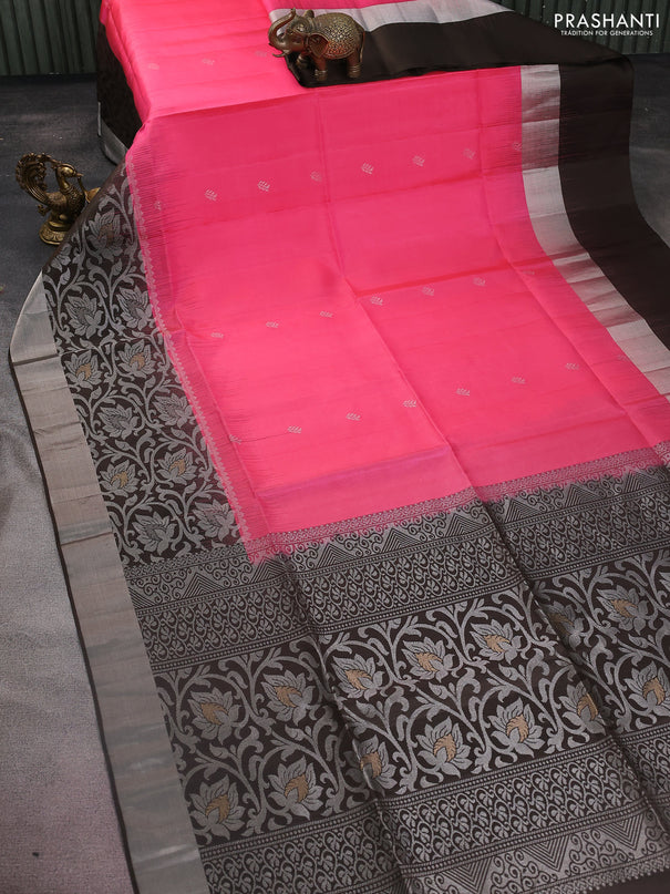 Pure soft silk saree candy pink and brown with silver zari woven buttas and rich silver zari woven border