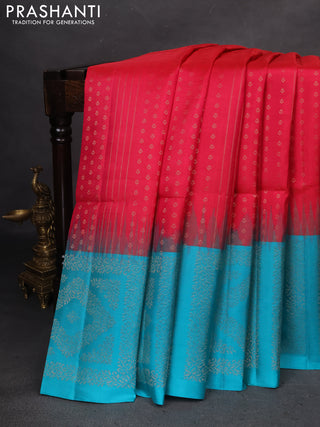 Pure soft silk saree pink and teal blue with allover zari weaves and rich zari woven border