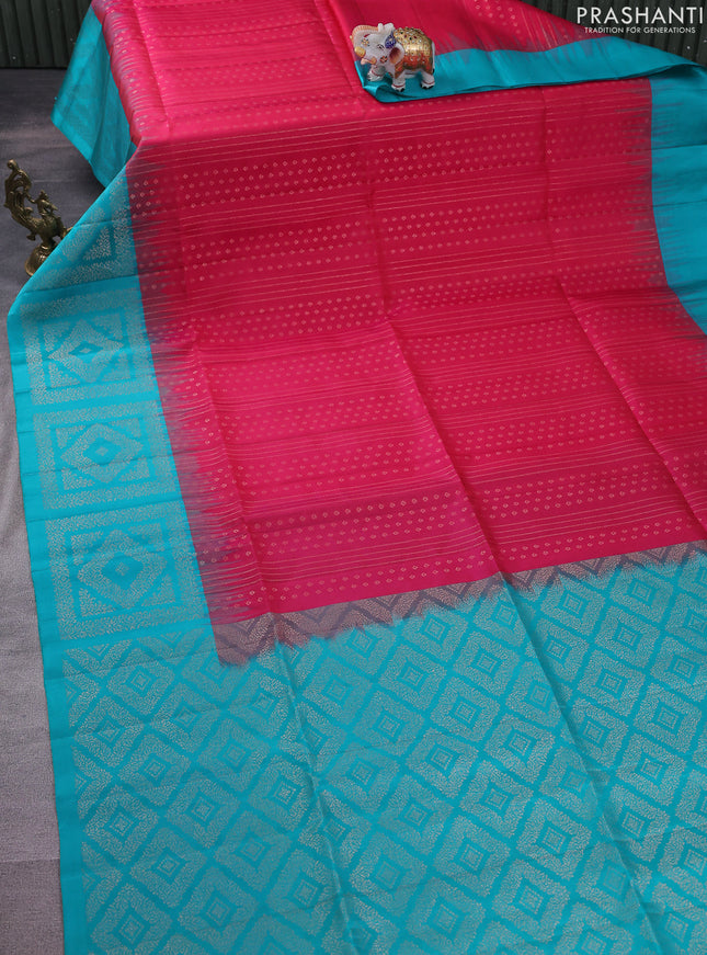 Pure soft silk saree pink and teal blue with allover zari weaves and rich zari woven border