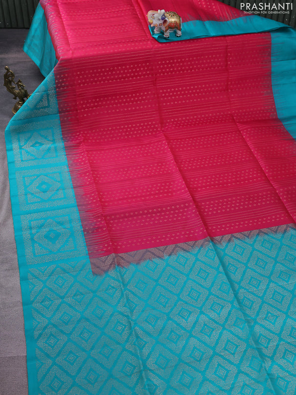 Pure soft silk saree pink and teal blue with allover zari weaves and rich zari woven border