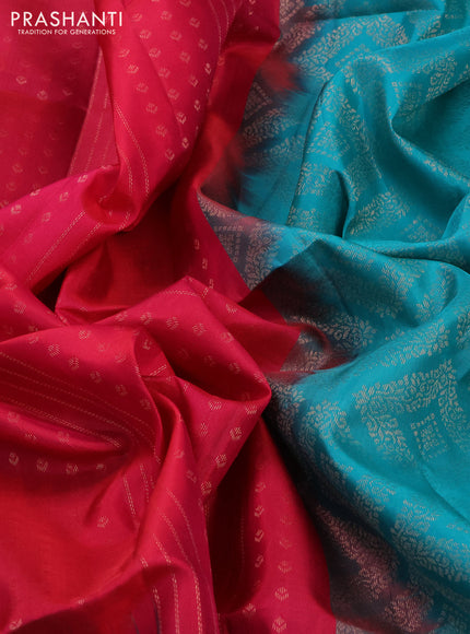 Pure soft silk saree pink and teal blue with allover zari weaves and rich zari woven border