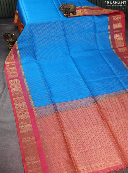Pure soft silk saree cs blue and dual shade of pinkish orange with allover small zari checked pattern and zari woven border