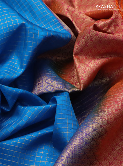 Pure soft silk saree cs blue and dual shade of pinkish orange with allover small zari checked pattern and zari woven border