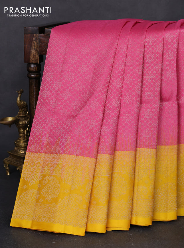 Pure soft silk saree light pink and mango yellow with allover zari woven brocade weaves and zari woven border