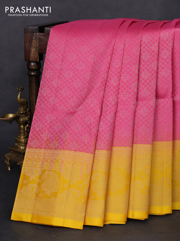Pure soft silk saree light pink and mango yellow with allover zari woven brocade weaves and zari woven border