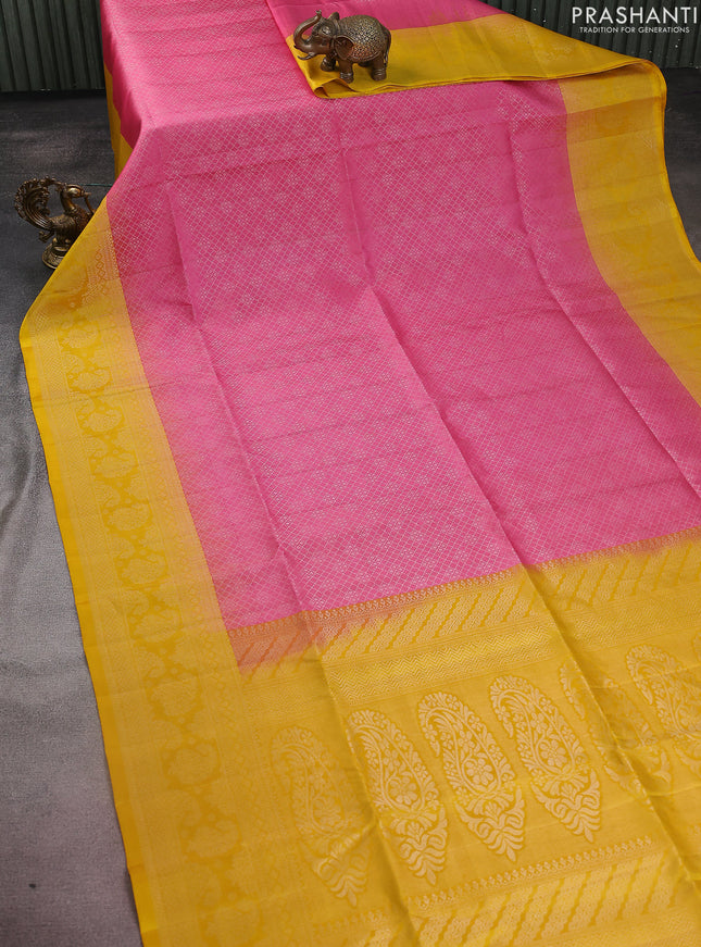 Pure soft silk saree light pink and mango yellow with allover zari woven brocade weaves and zari woven border
