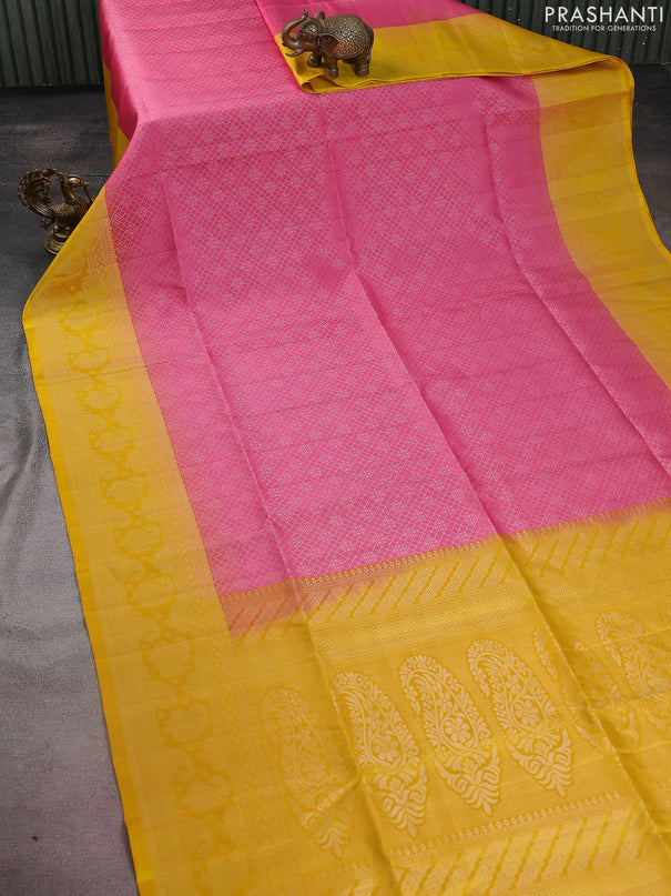 Pure soft silk saree light pink and mango yellow with allover zari woven brocade weaves and zari woven border