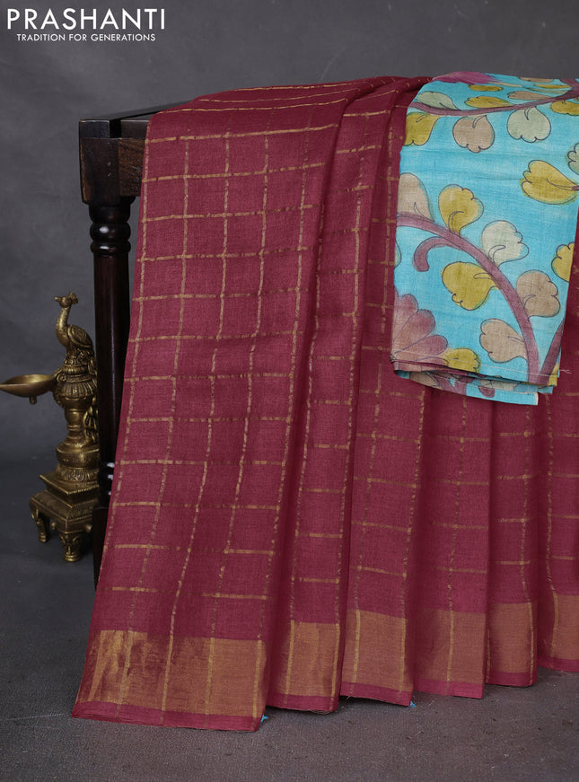 Pure Tussar Silk Saree red and teal blue with allover zari checked pattern and zari woven border