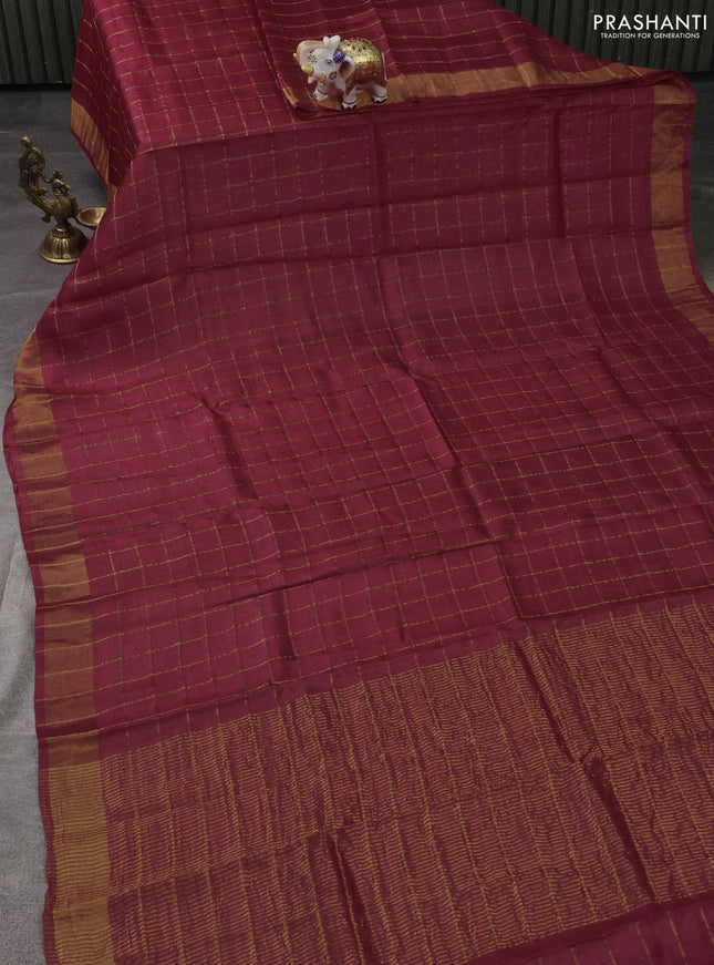 Pure Tussar Silk Saree red and teal blue with allover zari checked pattern and zari woven border