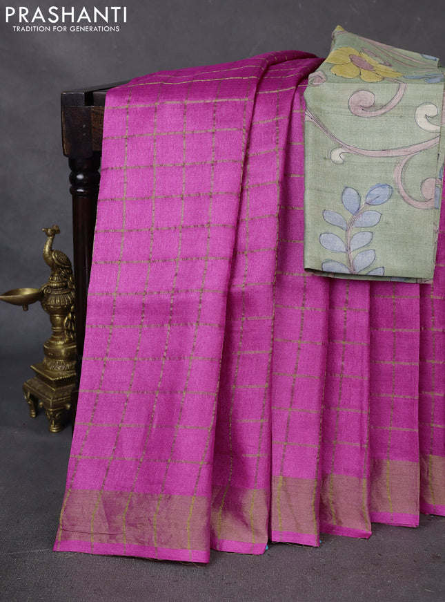Pure Tussar Silk Saree pink and pastel green with allover zari checked pattern and zari woven border