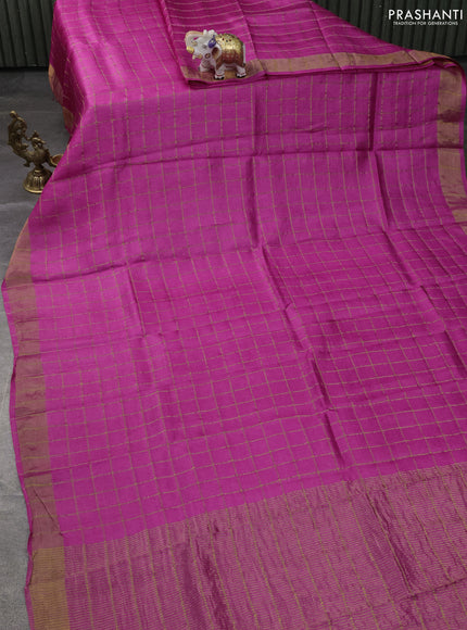Pure Tussar Silk Saree pink and pastel green with allover zari checked pattern and zari woven border