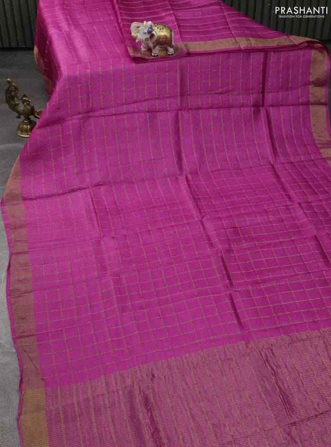 Pure Tussar Silk Saree pink and pastel green with allover zari checked pattern and zari woven border