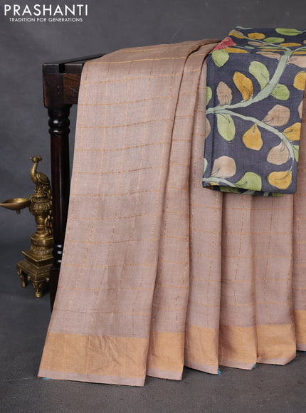 Pure Tussar Silk Saree beige with allover zari checked pattern and zari woven border