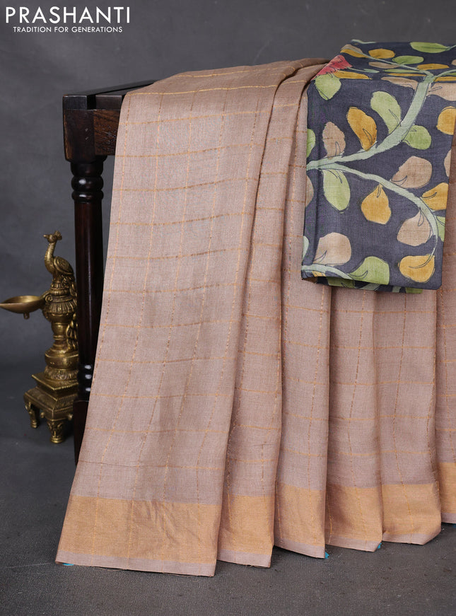 Pure Tussar Silk Saree beige with allover zari checked pattern and zari woven border