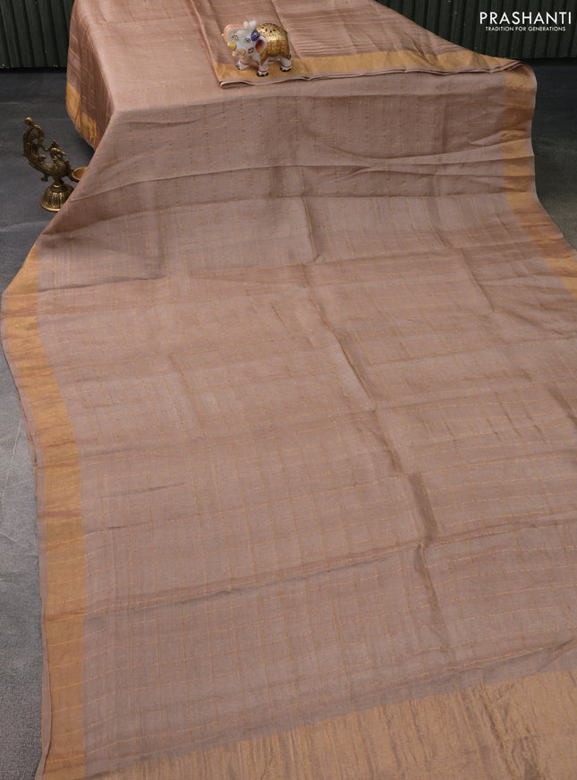 Pure Tussar Silk Saree beige with allover zari checked pattern and zari woven border