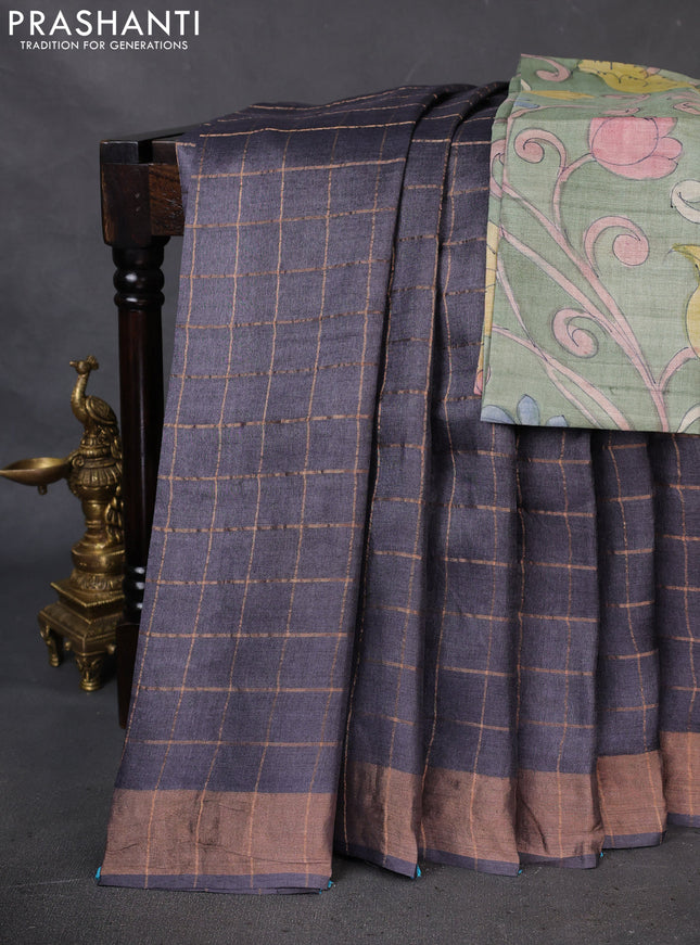 Pure Tussar Silk Saree elephant grey and pastel green with allover zari checked pattern and zari woven border