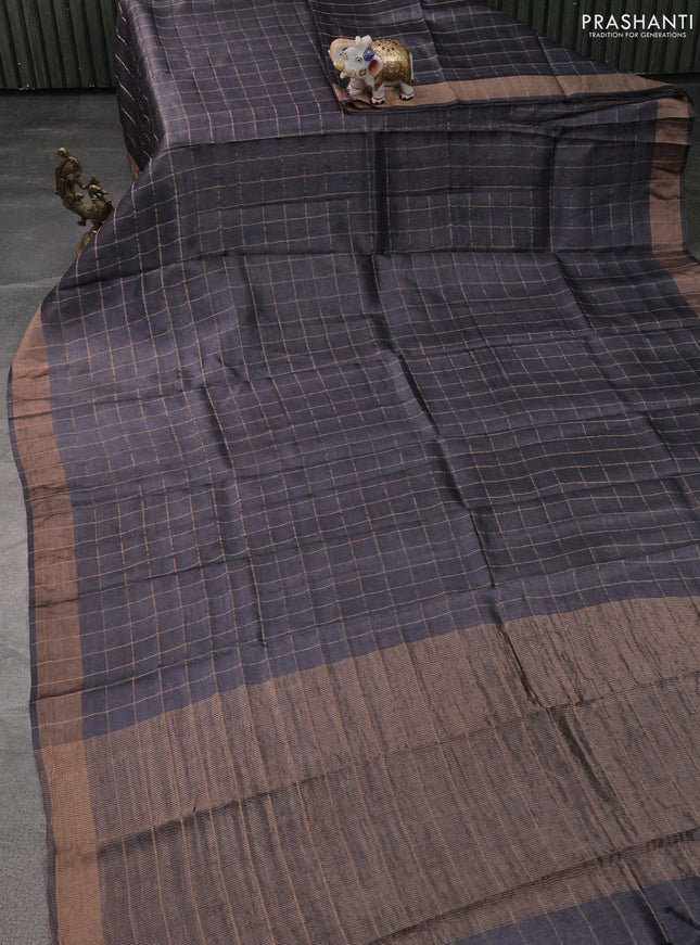 Pure Tussar Silk Saree elephant grey and pastel green with allover zari checked pattern and zari woven border