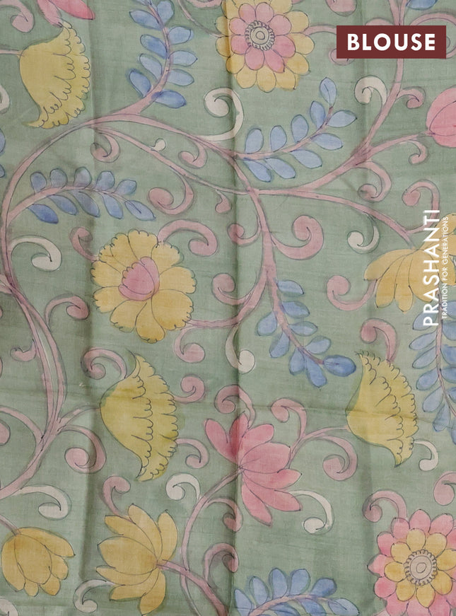 Pure Tussar Silk Saree elephant grey and pastel green with allover zari checked pattern and zari woven border