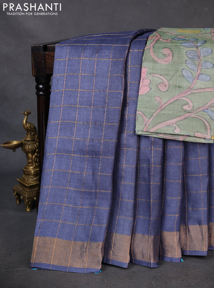 Pure Tussar Silk Saree bluish grey and pastel green with allover zari checked pattern and zari woven border