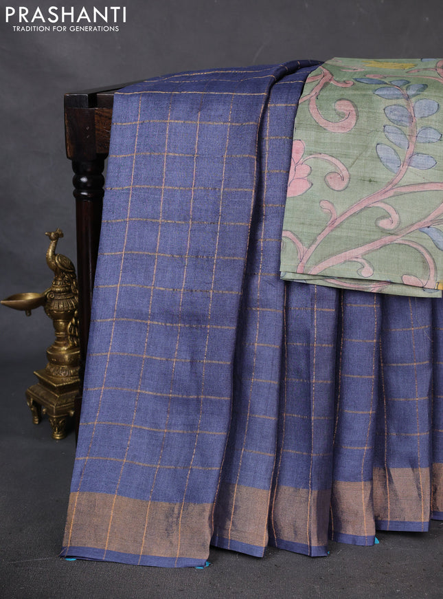 Pure Tussar Silk Saree bluish grey and pastel green with allover zari checked pattern and zari woven border